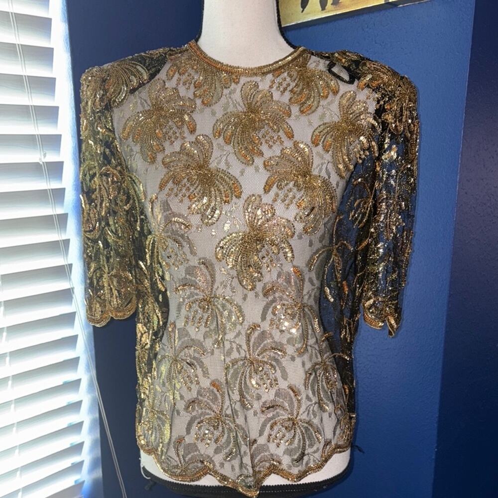 Vintage 1980s Scala Gold & Black Sequin Beaded Blouse – Petite Small – EUC